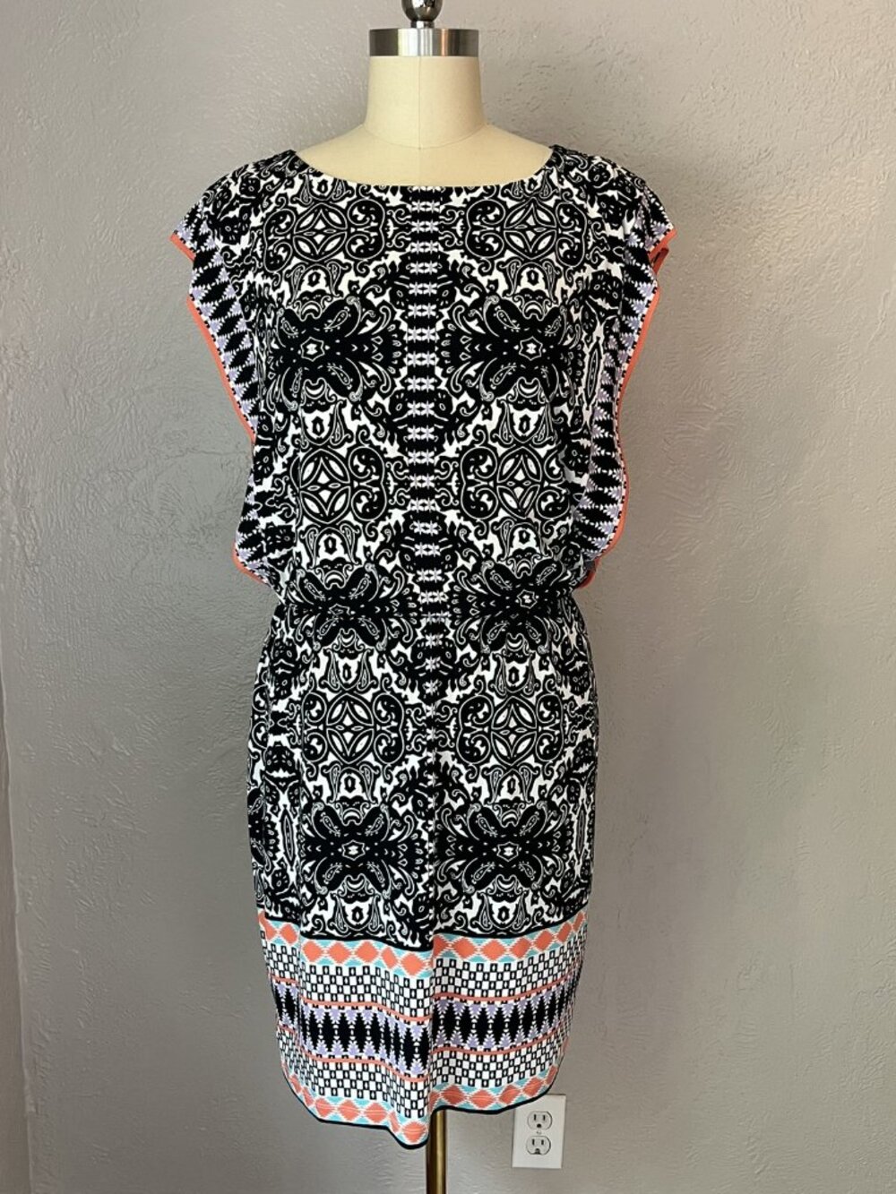 London Style Blouson Top Midi Dress Boho Geometric Batik Print Size 14 NWT